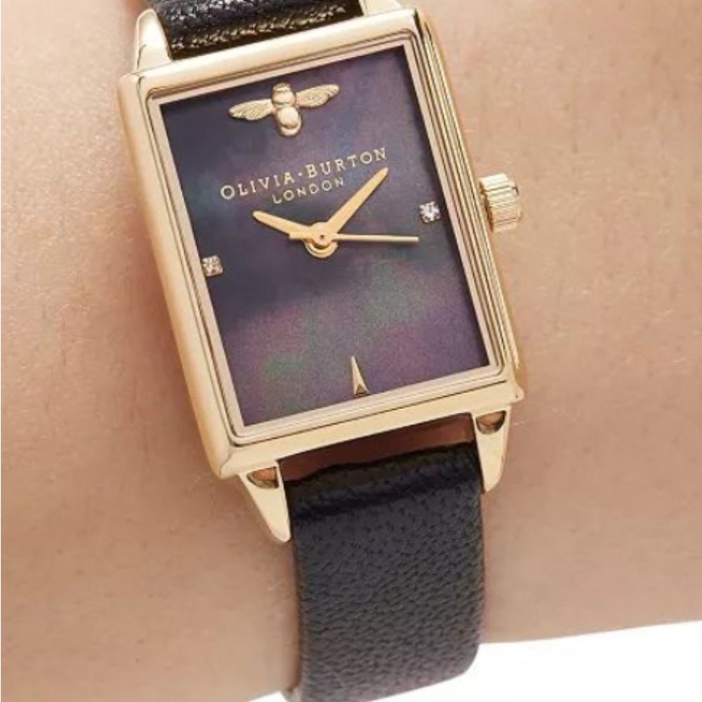 OLIVIA BURTON Gold-Tone Rectangular Watch with 2 diamonds and leather Strap